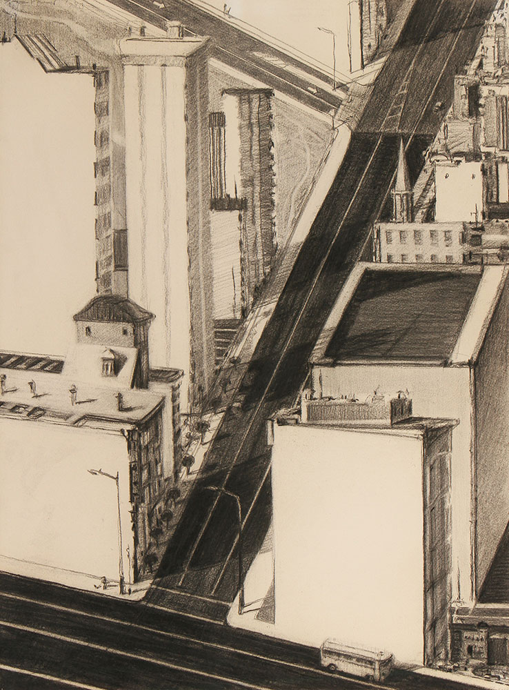 Three Roads , 1983, charcoal. Private collection. © Wayne Thiebaud/Licensed by VAGA, New York, NY (Image courtesy of the Morgan Library, New York)