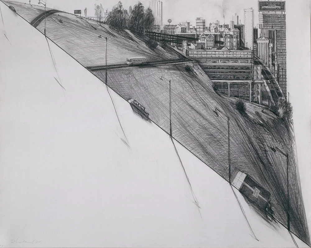 Diagonal City , 1978, graphite. Collection of Harry W. and Mary Margaret Anderson. © Wayne Thiebaud/ Licensed by VAGA, New York, NY (Image courtesy of the Morgan Library, New York)