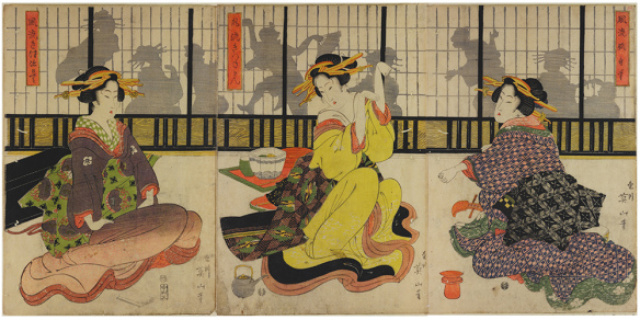The Fox Game Kikuzawa Eizan (1787-1867), 1820, woodblock. Geisha sharing time and friendships,