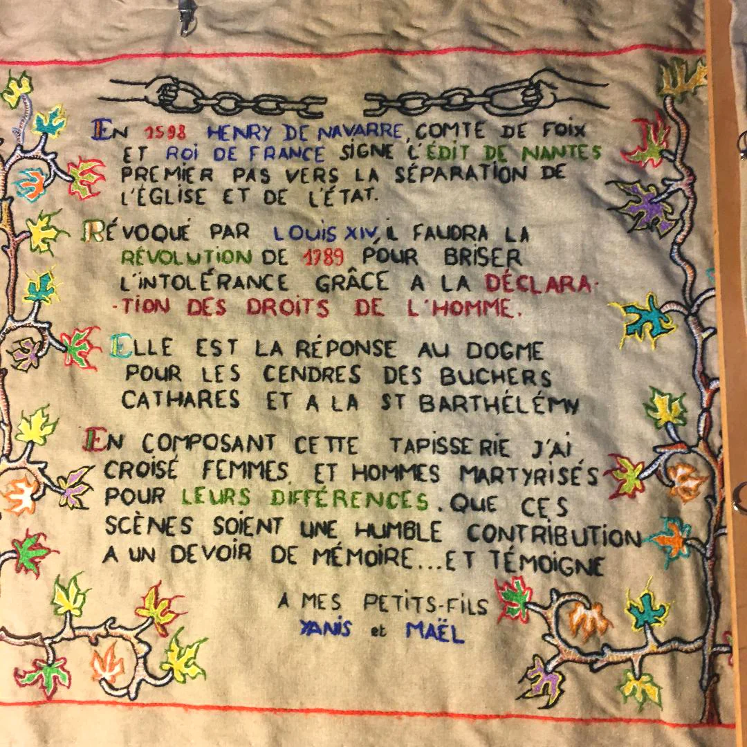 Alain Dorier’s dedication to his grandchildren at the end of the 30 metre panel recording those early dissenters, martyred for their difference in belief, the first whose struggle ultimately led to the Declaration of Human Rights and the separation between church and state. (Photography J. Cook)