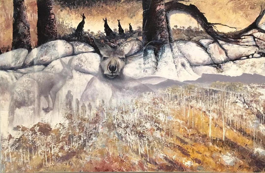 Yongar Booronup, acrylic on canvas, 2014, Lance (Tjyllyungoo) Chadd artist (photograph J. Cook)