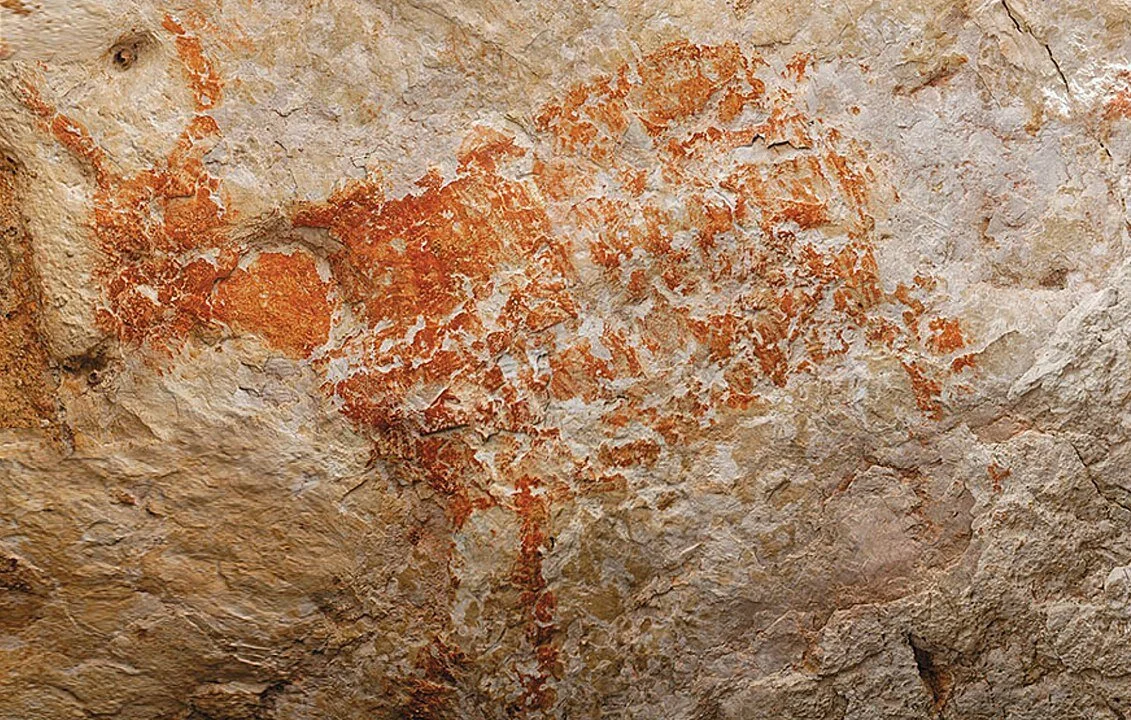 Animal, perhaps a bull, dated to between 40,000 and maybe 52,000 years ago, on the walls of the Lubang Jeriji Saleh cave, East Kalimantan, Borneo, Indonesia.