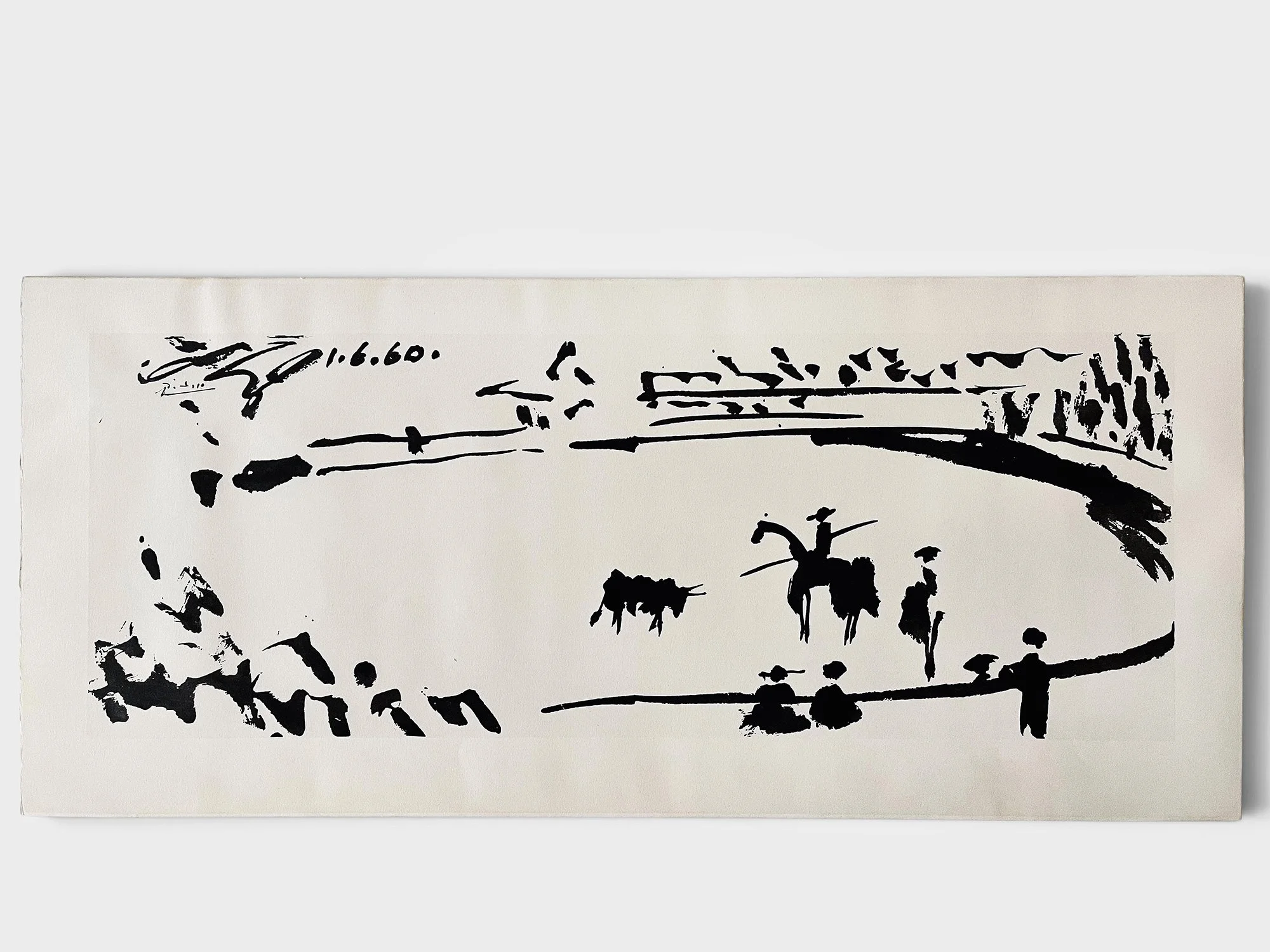 Rare Lithography "L'arena" from a work of Pablo Picasso, signed on the plate Picasso 1.6.60. Printed on Velin d'Arches Paper by Galerie Louise Leirie, Les editions Braun, 1961