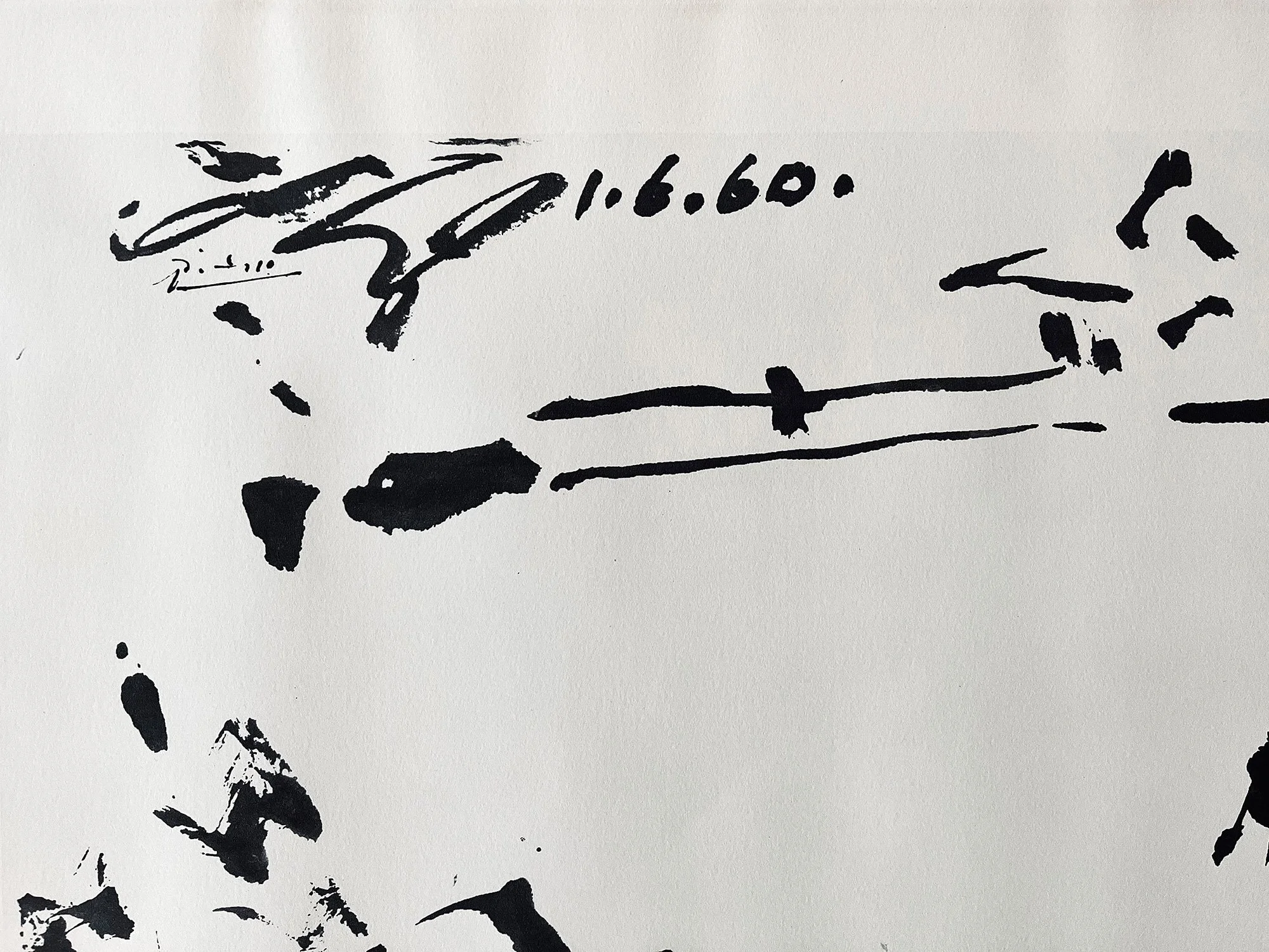 Rare Lithography "L'arena" from a work of Pablo Picasso, signed on the plate Picasso 1.6.60. Printed on Velin d'Arches Paper by Galerie Louise Leirie, Les editions Braun, 1961