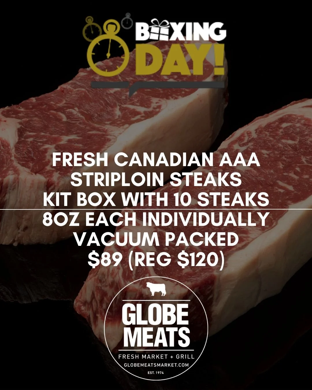 CANADIAN AAA FROZEN STRIPLOIN STEAKS 8oz 10 steaks per box