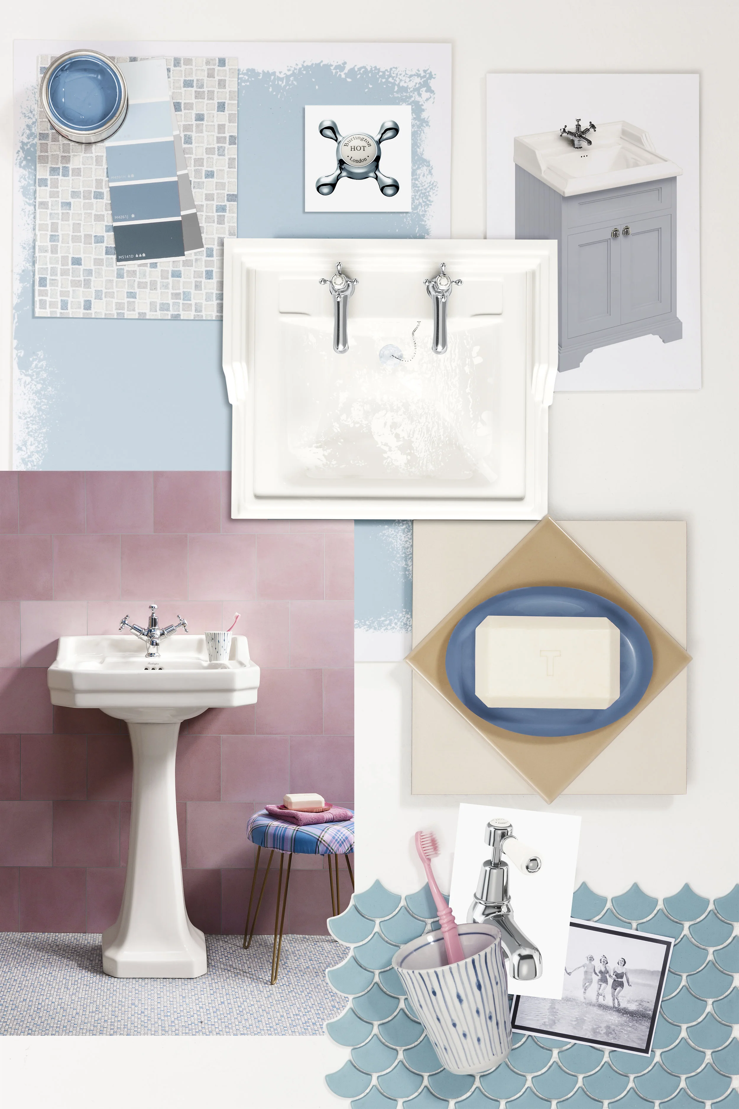 Playful pink and blue give this overall look a retro vibe. Image via Burlington Bathrooms.