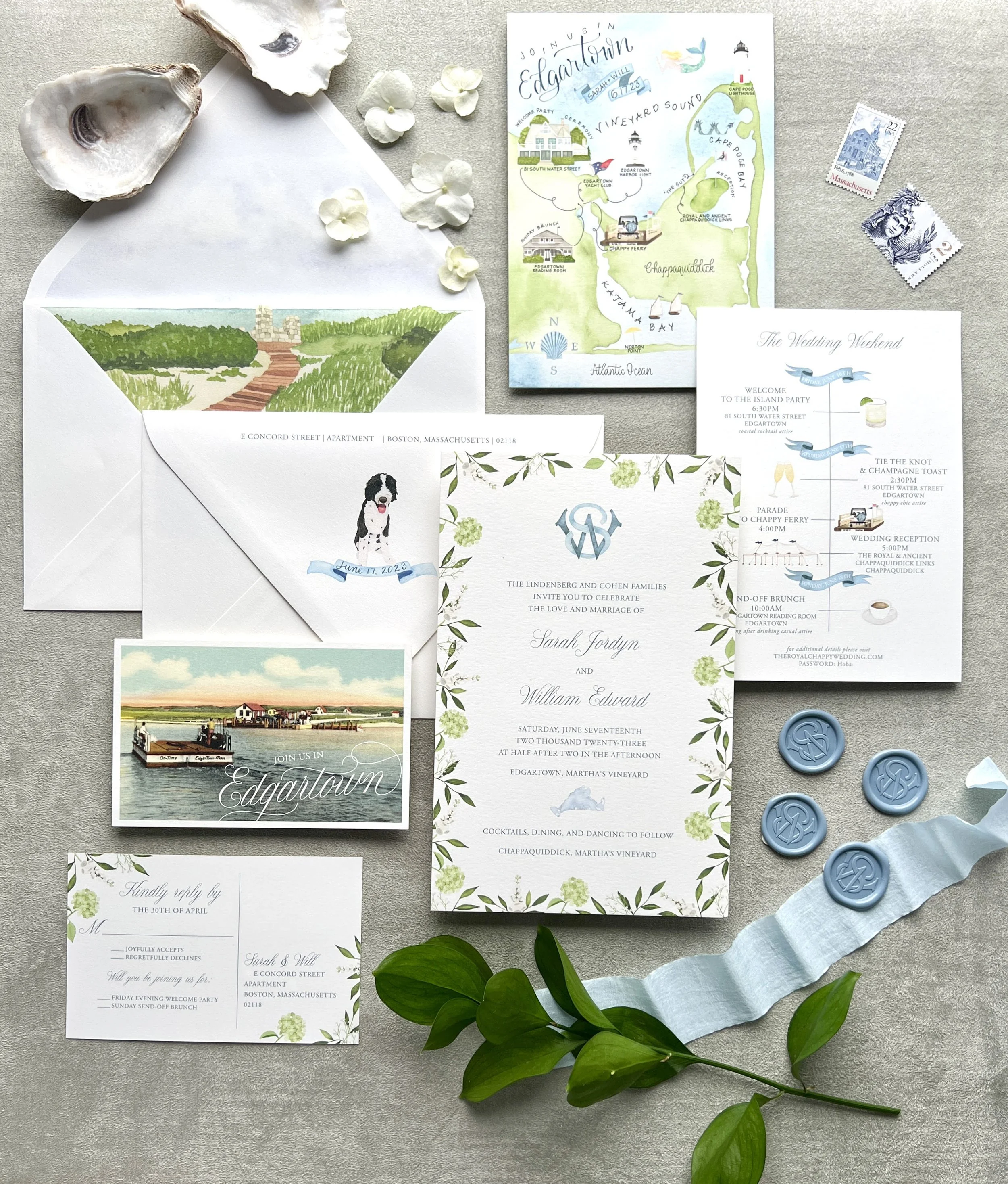 A9 Invitation Card, Envelope Liner, Ribbon Belly Band, Wax Seal, RSVP Postcard, Weekend Events Card, Custom Watercolor Crest, Custom Watercolor Map