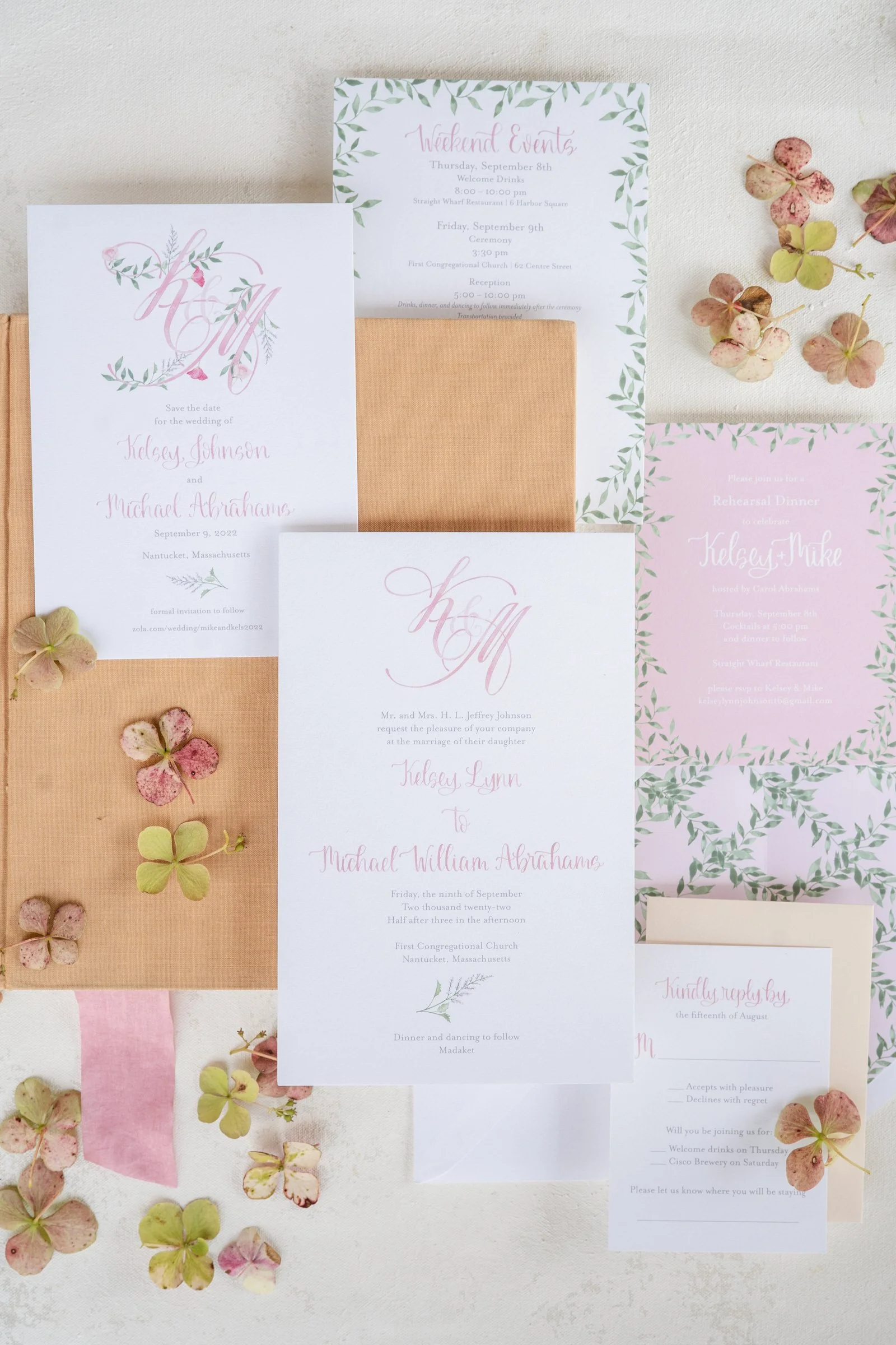 A9 Invitation Card, Envelope Liner, Vellum Gatefold, Ribbon Belly Band, RSVP Card & Envelope, Weekend Events Card, Custom Watercolor Monogram