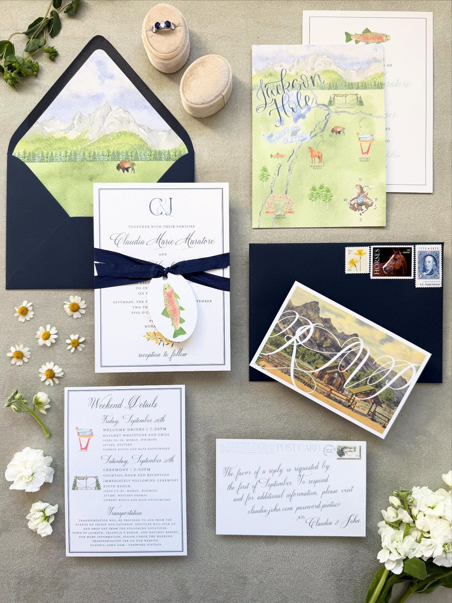 We love an Invitation Suite that highlights the natural beauty of where the wedding is taking place. This Stationery Suite featured a Custom Watercolor Landscape of the Tetons within the Envelope Liner and a Custom Watercolor Map of Jackson Hole for 