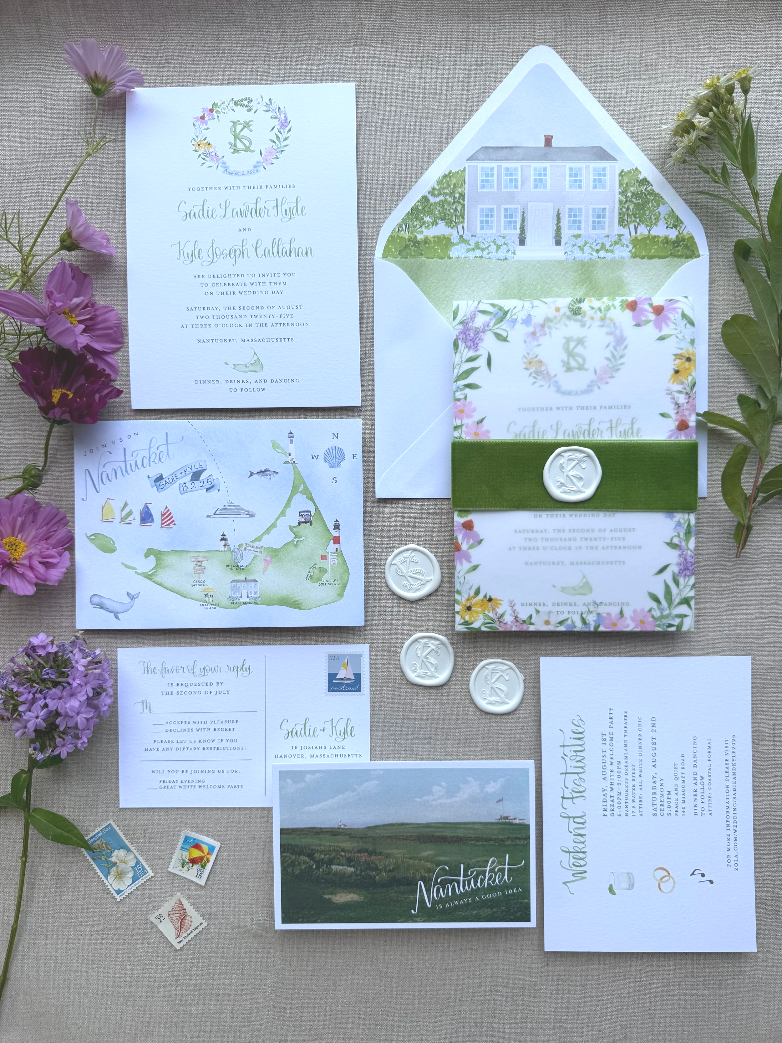 A7 Invitation Card, Envelope Liner, Vellum Overlay, Ribbon Belly Band, Wax Seal, RSVP Postcard, Weekend Events Card, Custom Watercolor Crest, Custom Watercolor Map