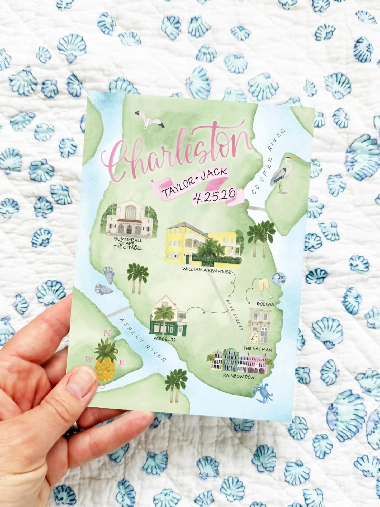 The best way to tell your guests &ldquo;Come for the wedding, stay for the charm&rdquo;. This Charleston Map instantly transports guests to the low country. Rainbow Row, pineapples, palm trees and a pop of pink highlight what the wedding weekend has 