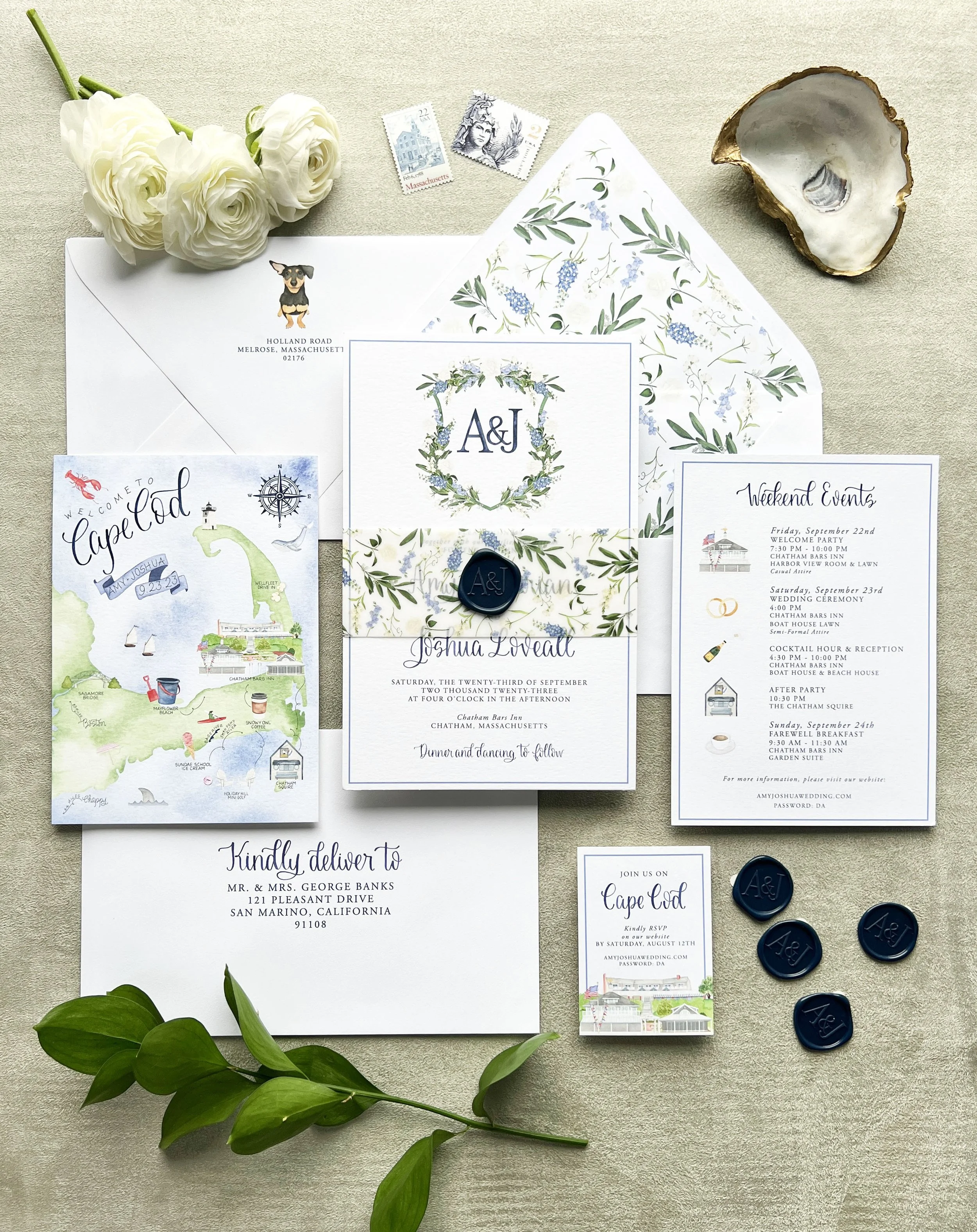 A9 Invitation Card, Envelope Liner, Vellum Belly Band, Wax Seal, Online RSVP Card, Weekend Events Card, Custom Watercolor Crest, Custom Watercolor Map