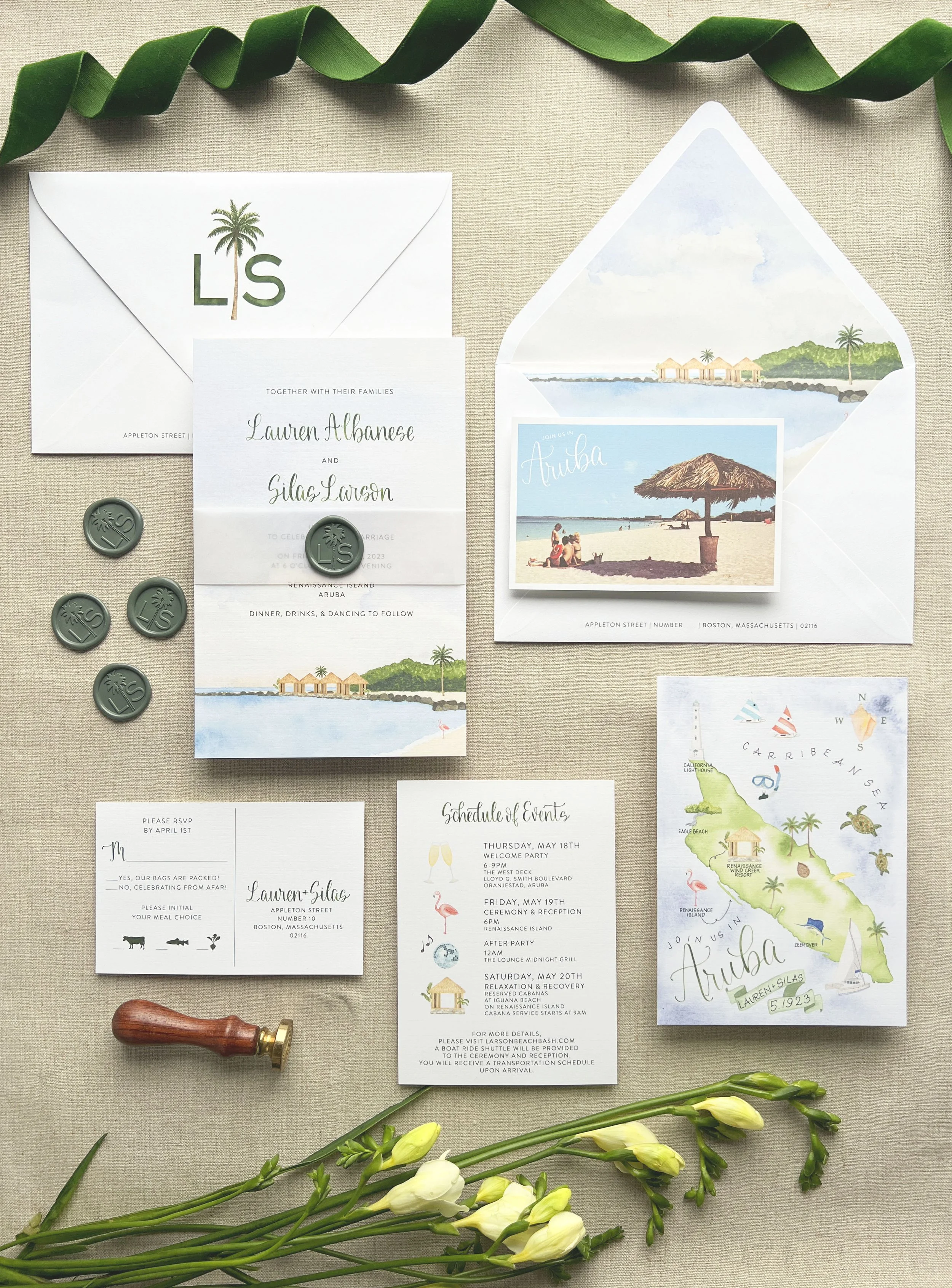 A9 Invitation Card, Envelope Liner, Ribbon Belly Band, Wax Seal, RSVP Postcard, Weekend Events Card, Custom Watercolor Monogram, Custom Watercolor Map