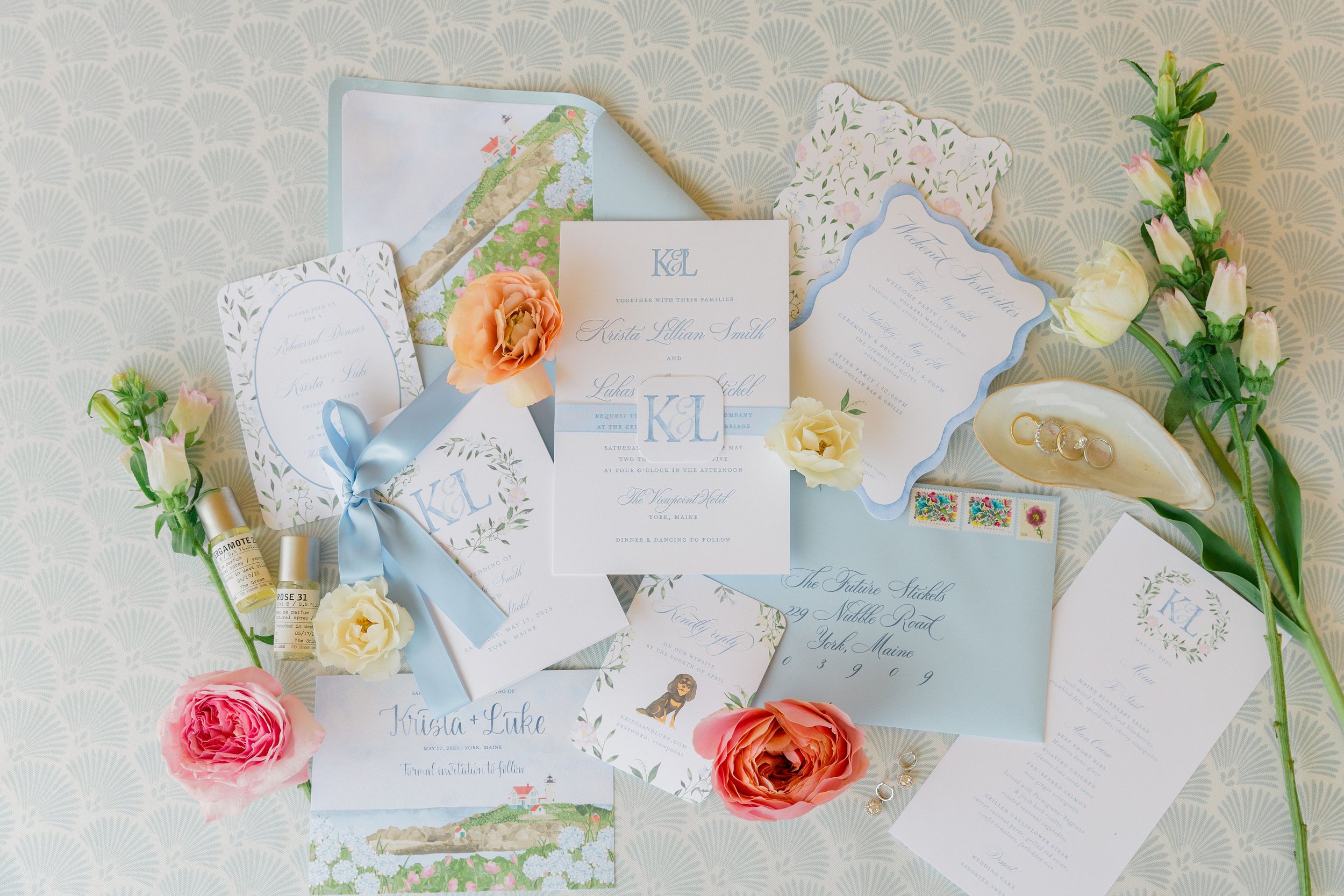 A9 Letterpress Invitation Card, Envelope Liner, Ribbon Belly Band, Monogram Tag on Belly Band, Online RSVP Card, Weekend Events Card, Rehearsal Dinner Invitation, Custom Watercolor Crest, Custom Watercolor Landscape Illustration