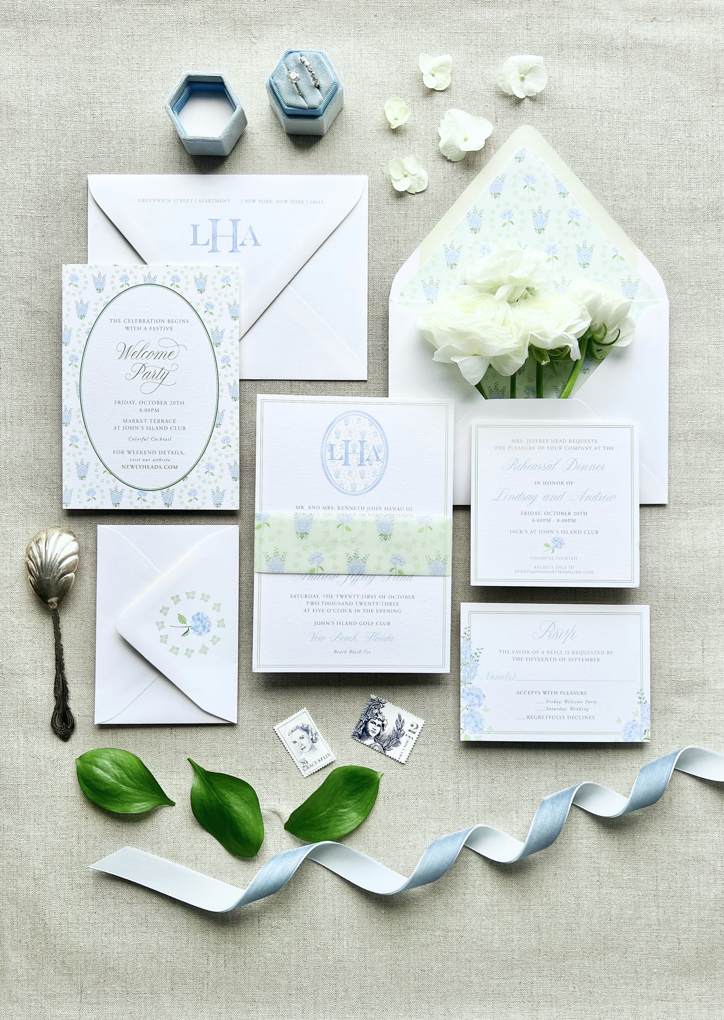 A7 Invitation Card, Envelope Liner, RSVP Card & Envelope, Rehearsal Dinner Invitation, Welcome Party Invitation, Vellum Belly Band, Custom Watercolor Crest