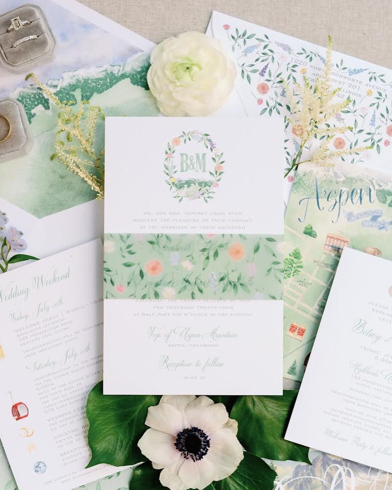 A9 Invitation Card, Envelope Liner, Vellum Belly Band, RSVP Postcard, Weekend Events Card, Custom Watercolor Crest, Custom Watercolor Map