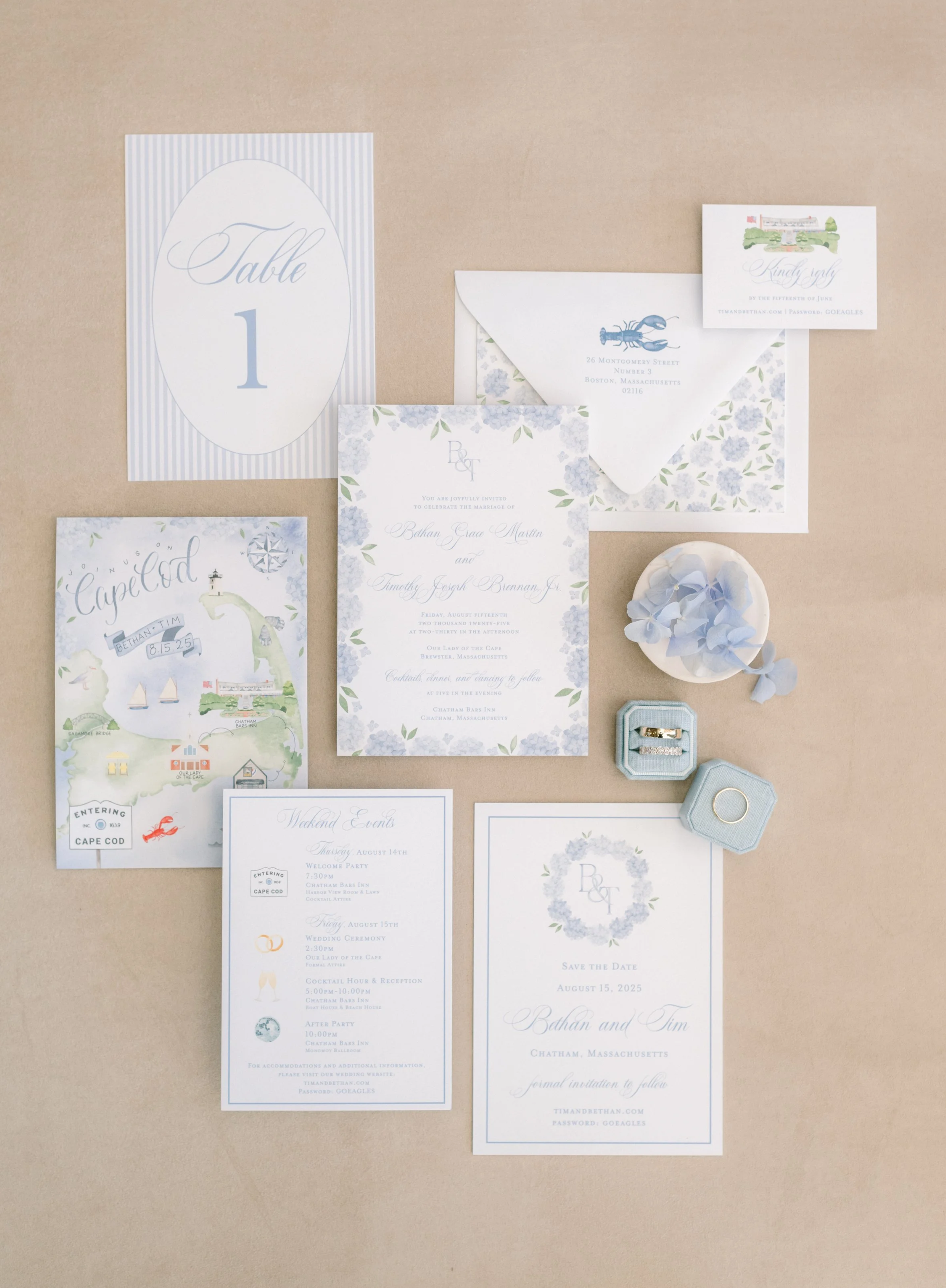 A7 Save the Date, A7 Invitation Card, Online RSVP Card, Details Card, Custom Watercolor Crest, Custom Watercolor Map