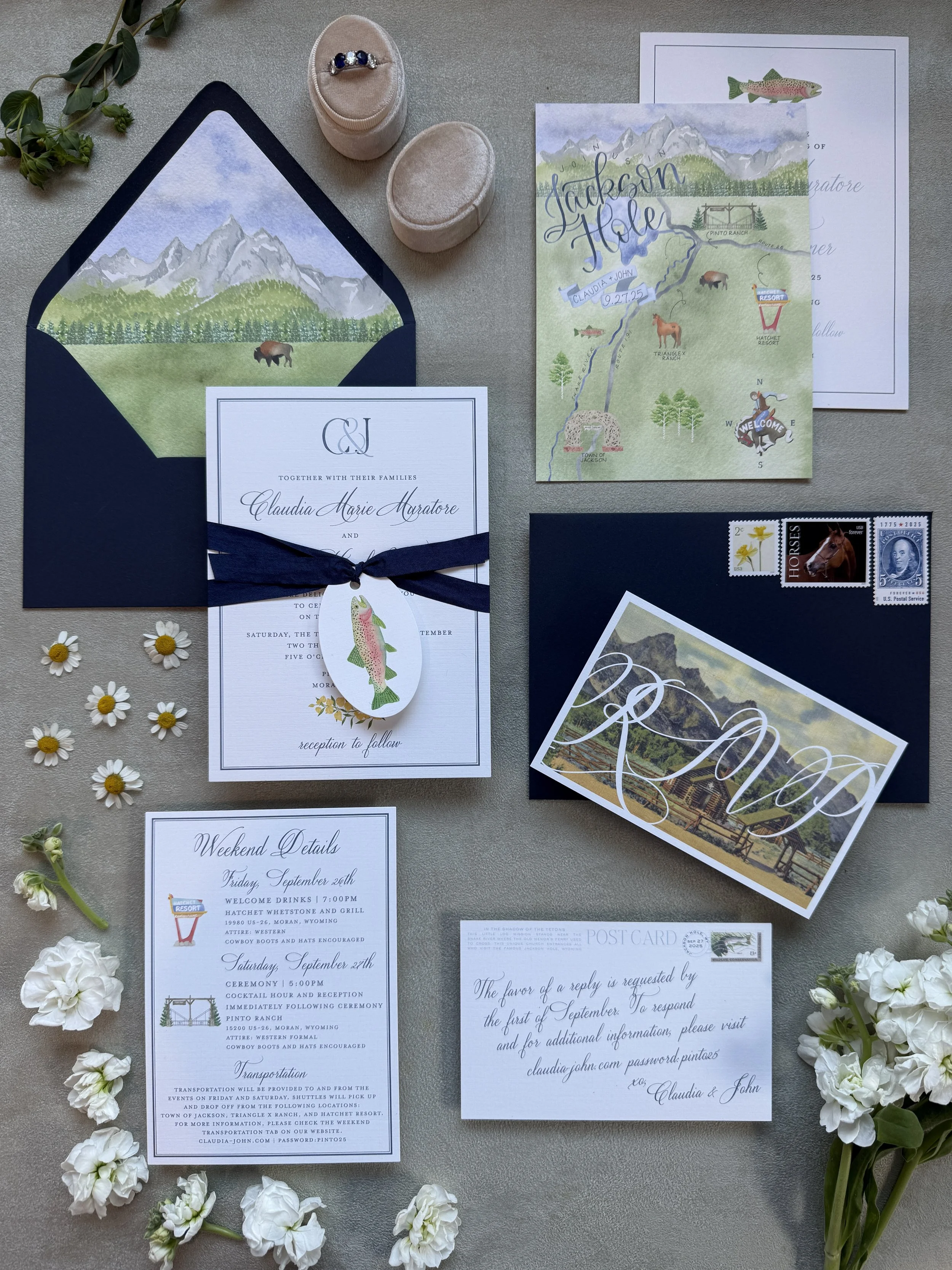 A7 Invitation Card, Envelope Liner, Online RSVP Postcard, Weekend Events Card, Ribbon Wrap with Hang Tag, Custom Watercolor Monogram, Custom Watercolor Map