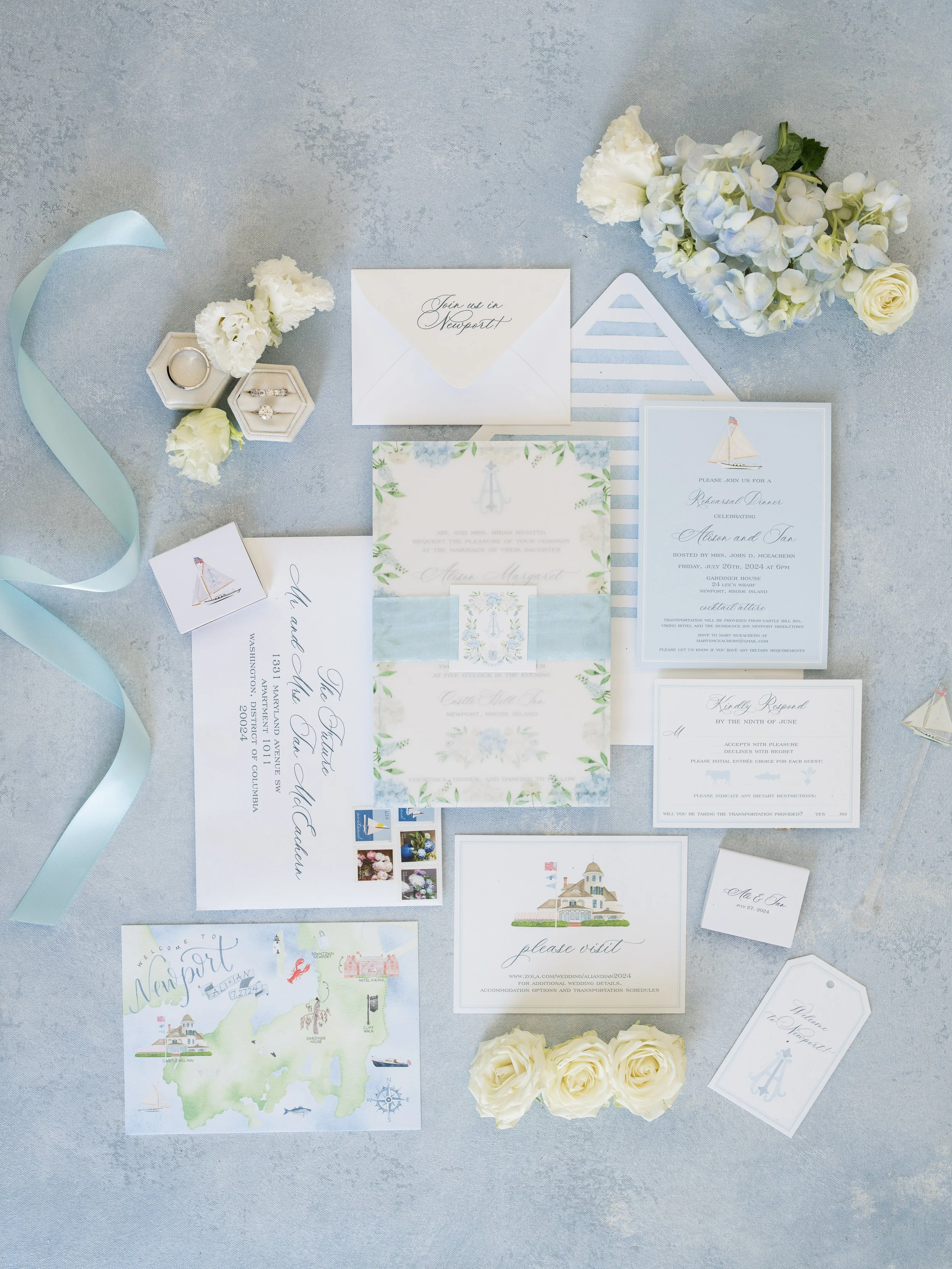 A9 Invitation Card, Envelope Liner, Vellum Overlay, Ribbon Belly Band, Crest Tag on Belly Band, RSVP Card & Envelope, Details Card, Custom Watercolor Crest, Custom Watercolor Map