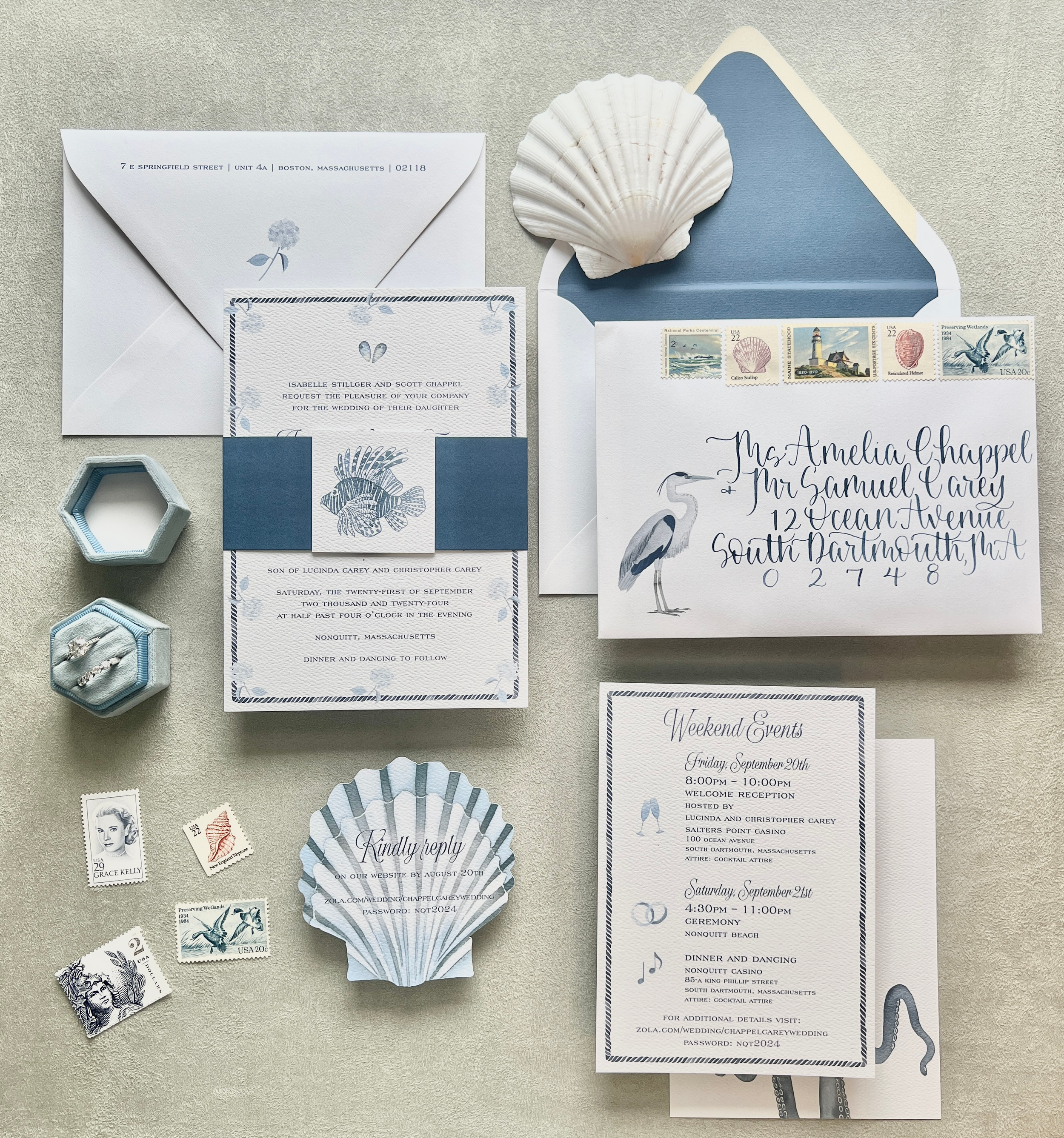 A7 Invitation Card, Solid Envelope Liner, Paper Belly Band, Fish Tag on Belly Band, Custom Die Cut Online RSVP Card, Weekend Events Card, Custom Watercolor Illustrations