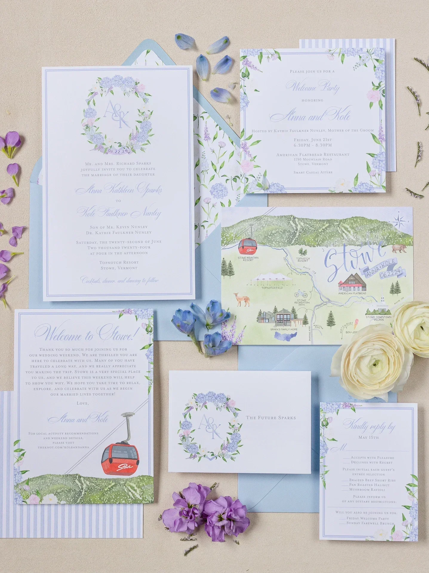 A9 Invitation Card, Envelope Liner, RSVP Card & Envelope, Welcome Party Invitation, Weekend Events Card, Custom Watercolor Crest, Custom Watercolor Map