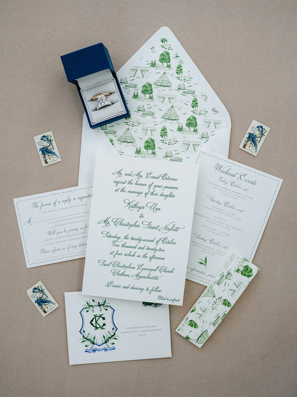 A7 Letterpress Invitation Card, Envelope Liner, RSVP Card & Envelope, Weekend Events Card, Custom Watercolor Crest, Custom Watercolor Toile