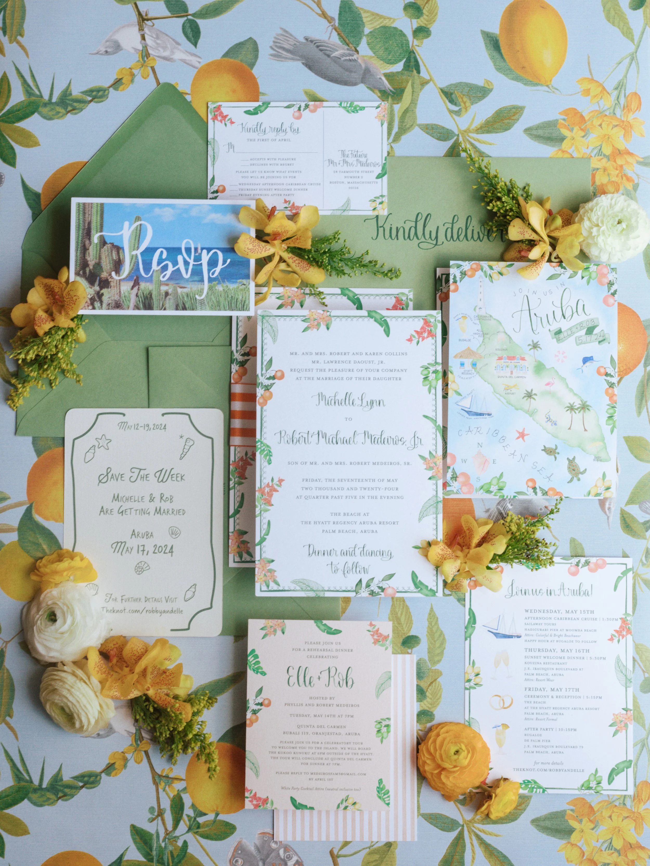 A9 Invitation Card, Envelope Liner, Ribbon Belly Band, RSVP Postcard, Weekend Events Card, Custom Watercolor Map