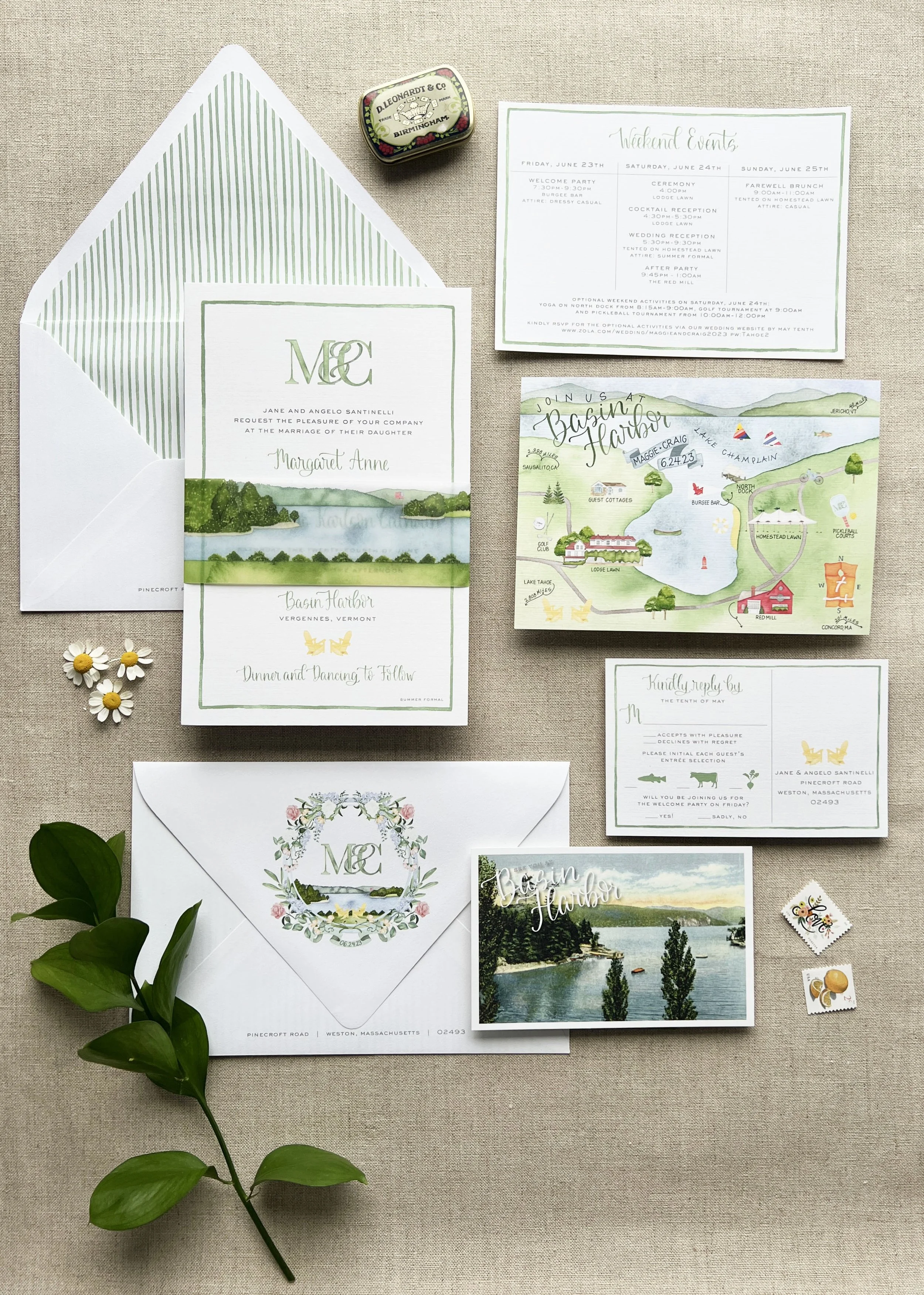 A9 Invitation Card, Envelope Liner, Vellum Belly Band, RSVP Postcard, Weekend Events Card, Custom Watercolor Crest, Custom Watercolor Map