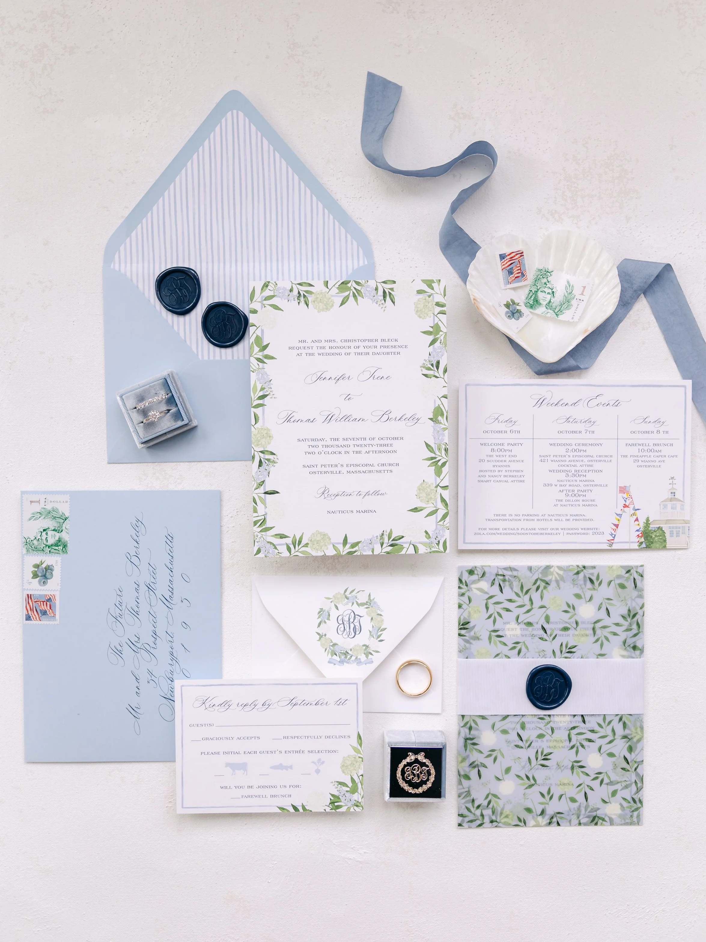 A7 Invitation Card, Vellum Overlay, Ribbon Belly Band, Wax Seal, RSVP Card & Envelope, Envelope Liner, Weekend Events Card, Custom Watercolor Crest