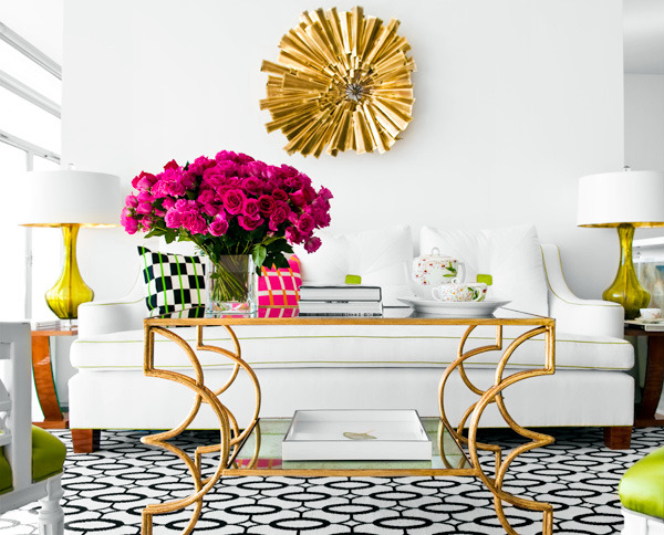 White living room with brass accents 