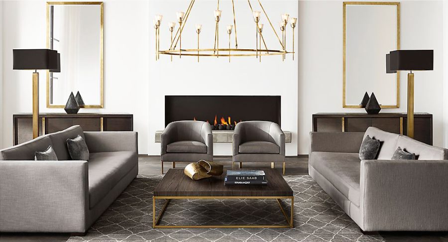 Another photo from Restoration Hardware's modern line. I love the use of brass with the black and gray pieces of furniture. Overall, the room is cool and hard, but the brass adds a touch of warmth and timelessness to an otherwise modern space. 