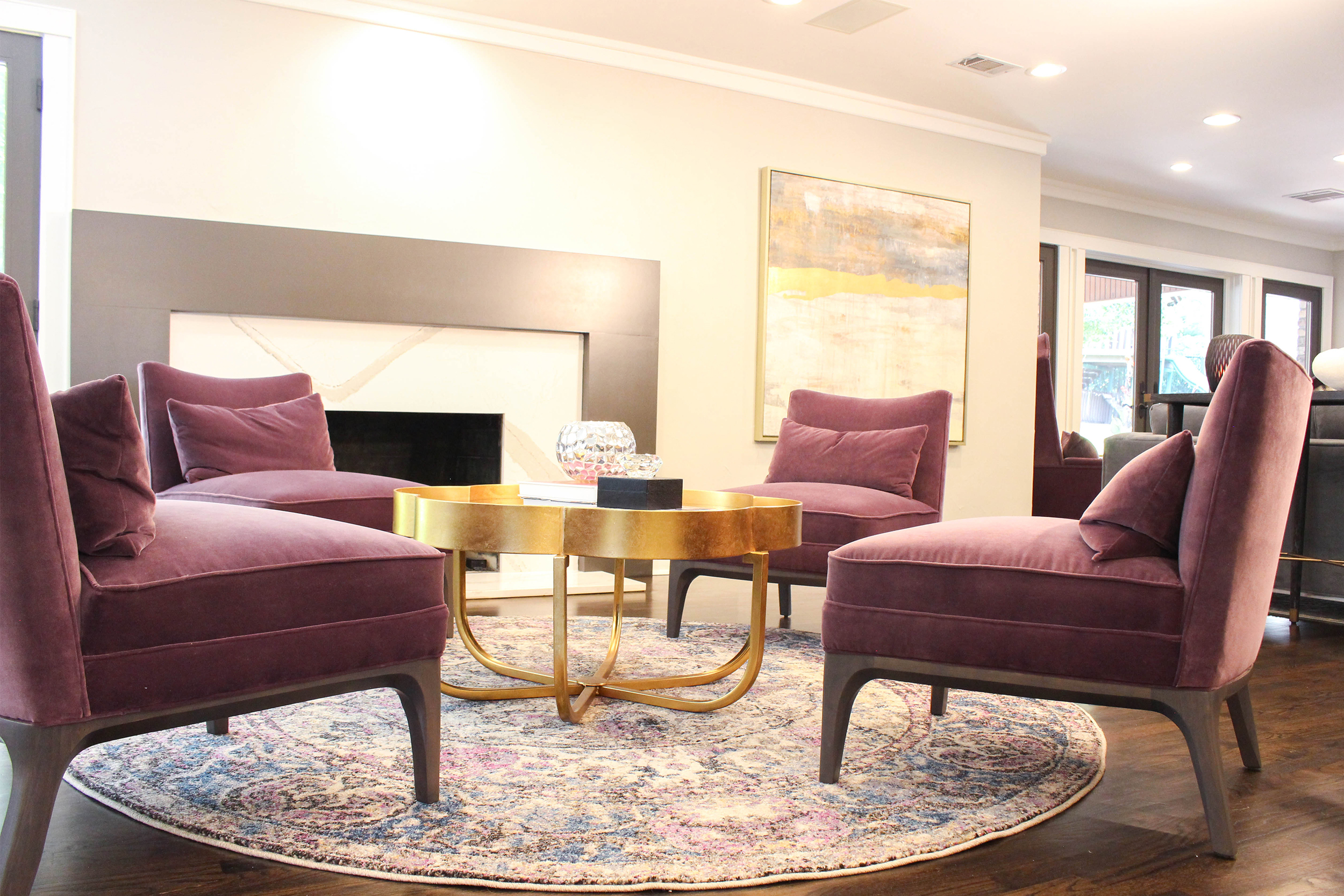 We selected these chairs from a showroom and had them custom upholstered in this deep eggplant colored velvet. 
