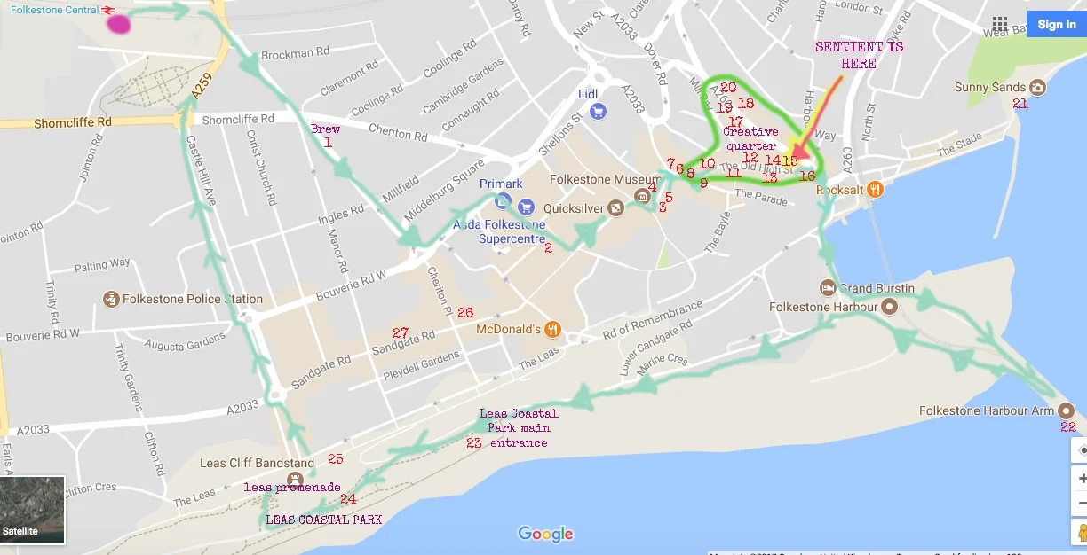 The green arrow trail shows a suggested route if you don't have much time...sorry it doesn't cover everything but it's handy for a quick visit. ***As noted, this does not cover Triennial artworks - some will be en route but not all, so do visit the Folkestone 2017 Triennial map for those. If i get chance I will try to integrate the two**.