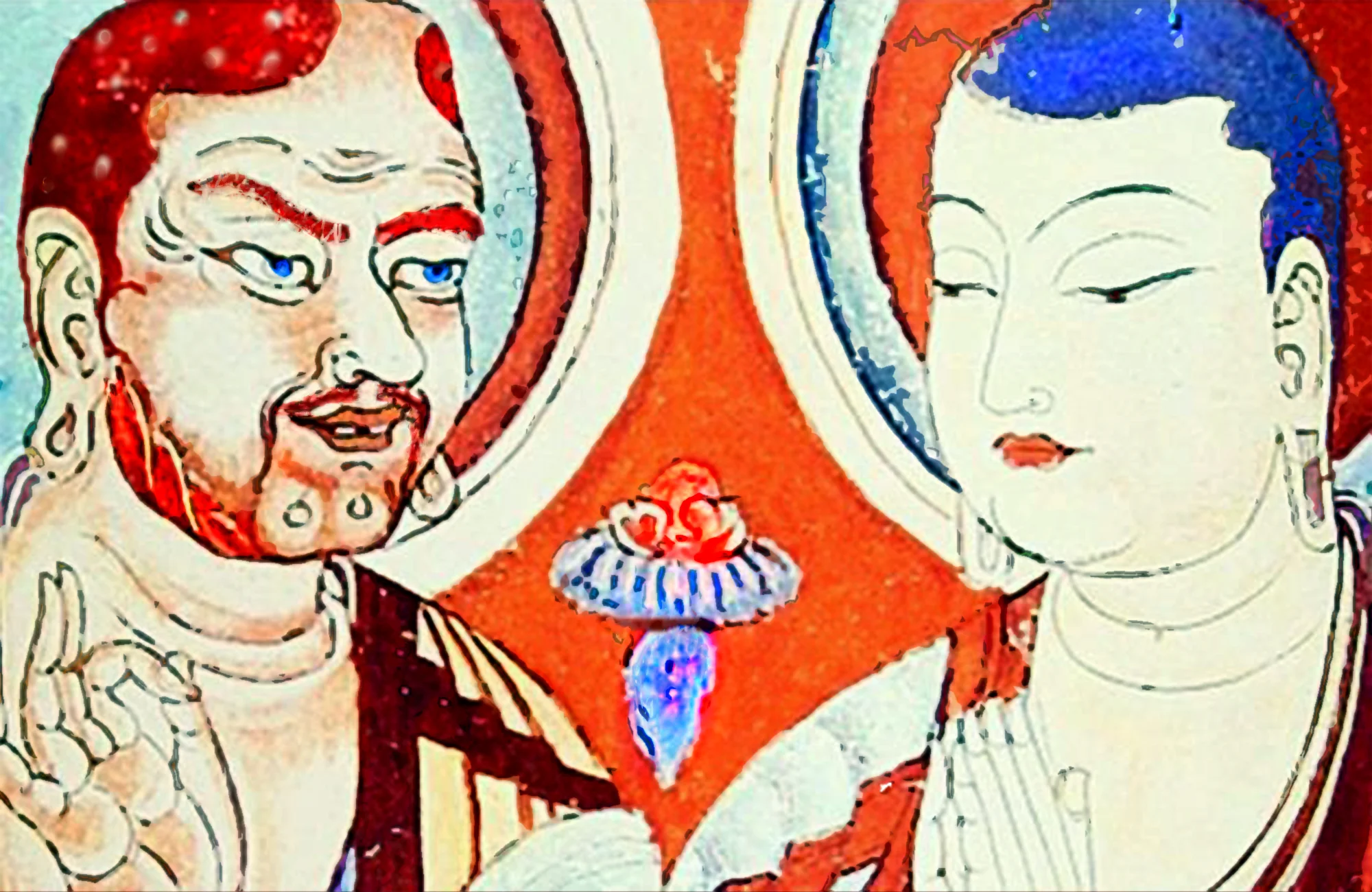 Bodhidarma (left) passing the knowledge of the Buddha onto the Shaolin Monks (right) 9th century fresco, Bezeklik caves, Xinjang, China. 