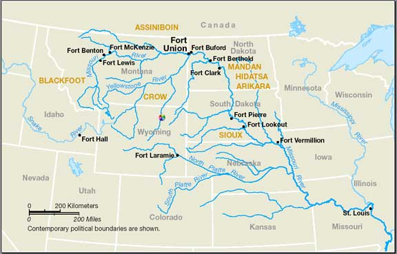A map of the Upper Missouri river system showing the location of Fort Clark. The Yanktonai would have been in what is today southwestern North Dakota. nps.gov