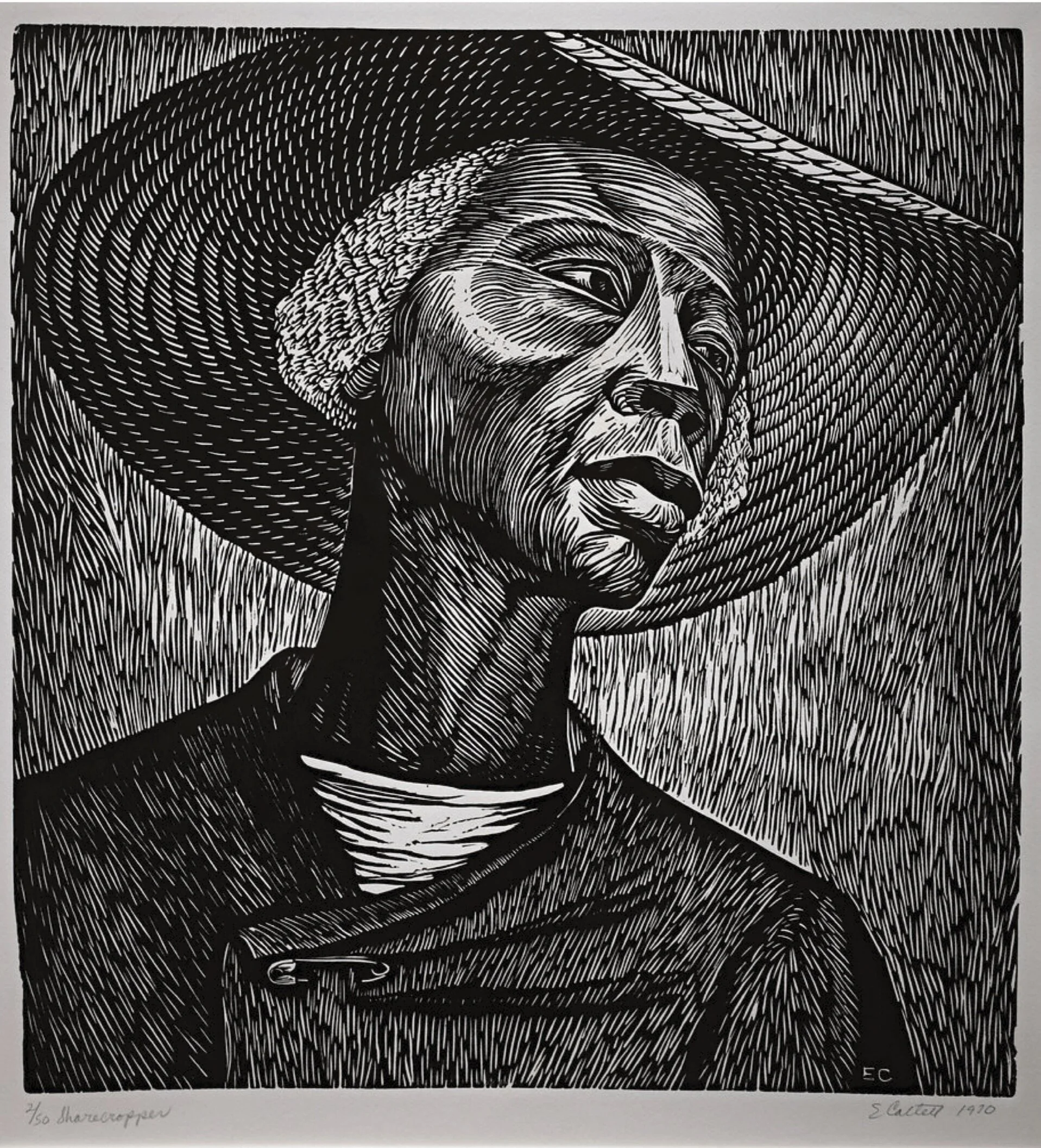 Elizabeth Catlett, Sharecropper, 1952. Linoleum cut of an anonymous Black woman wear a straw hat while looking off into the distance, © 2021 José Sanchez / Artists Rights Society (ARS), New York / VEGAP, Spain