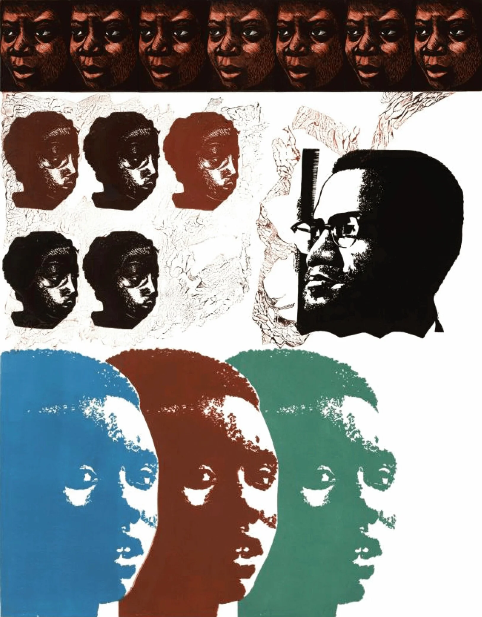 Elizabeth Catlett, Malcolm X Speaks for Us, 1969. Linoleum cut of Civil Rights leader Malcom X surrounded by multiple faces of Black women, Gift of the artist