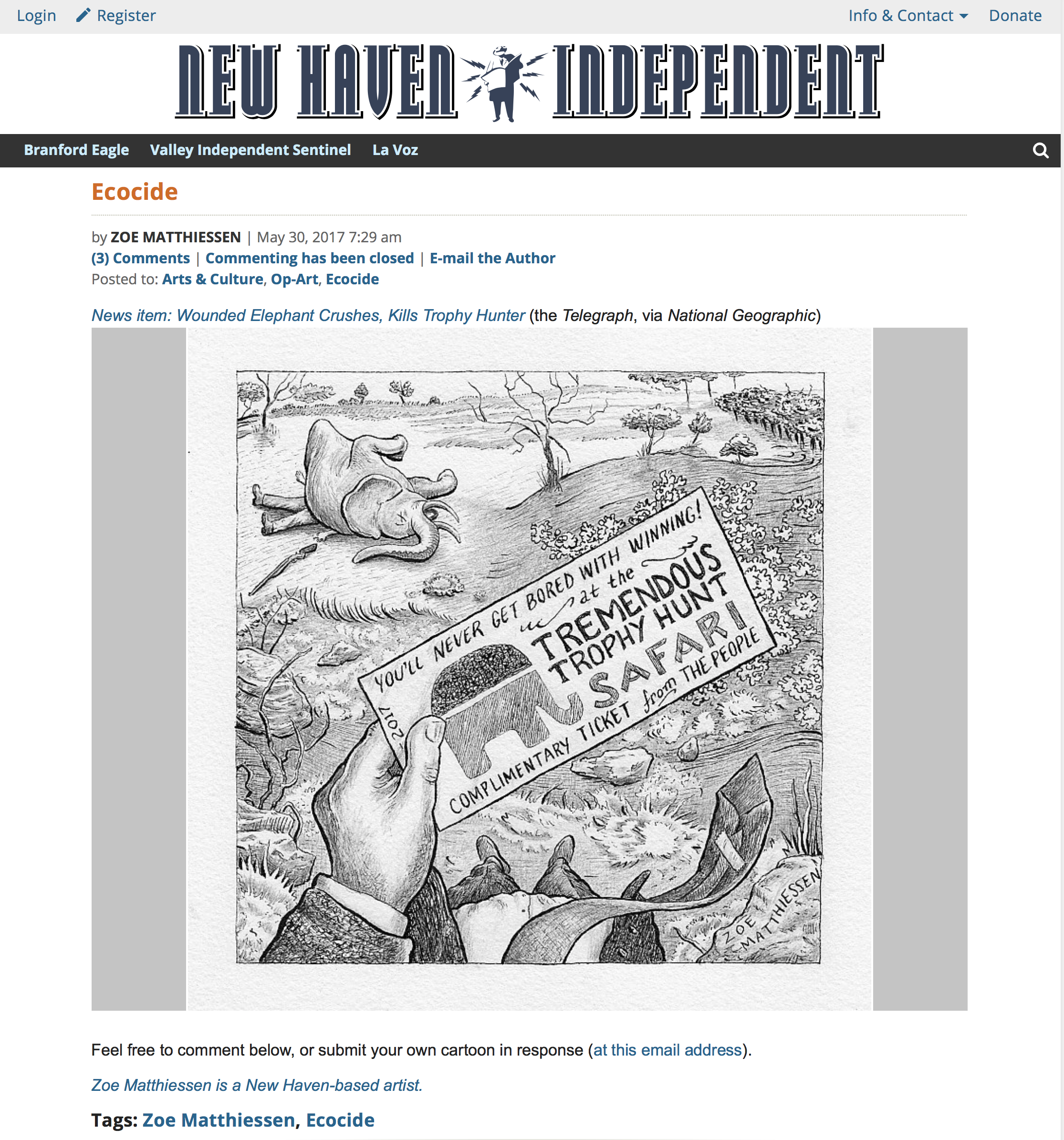 "White Elephant Crushes, Kills Trophy Hunter" for the Op-Art "Ecocide" column in New Haven Independent