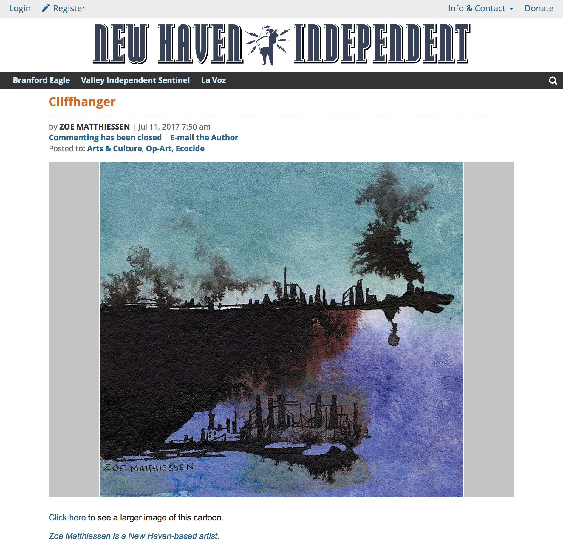 "Cliffhanger" for the Op-Art "Ecocide" column in New Haven Independent