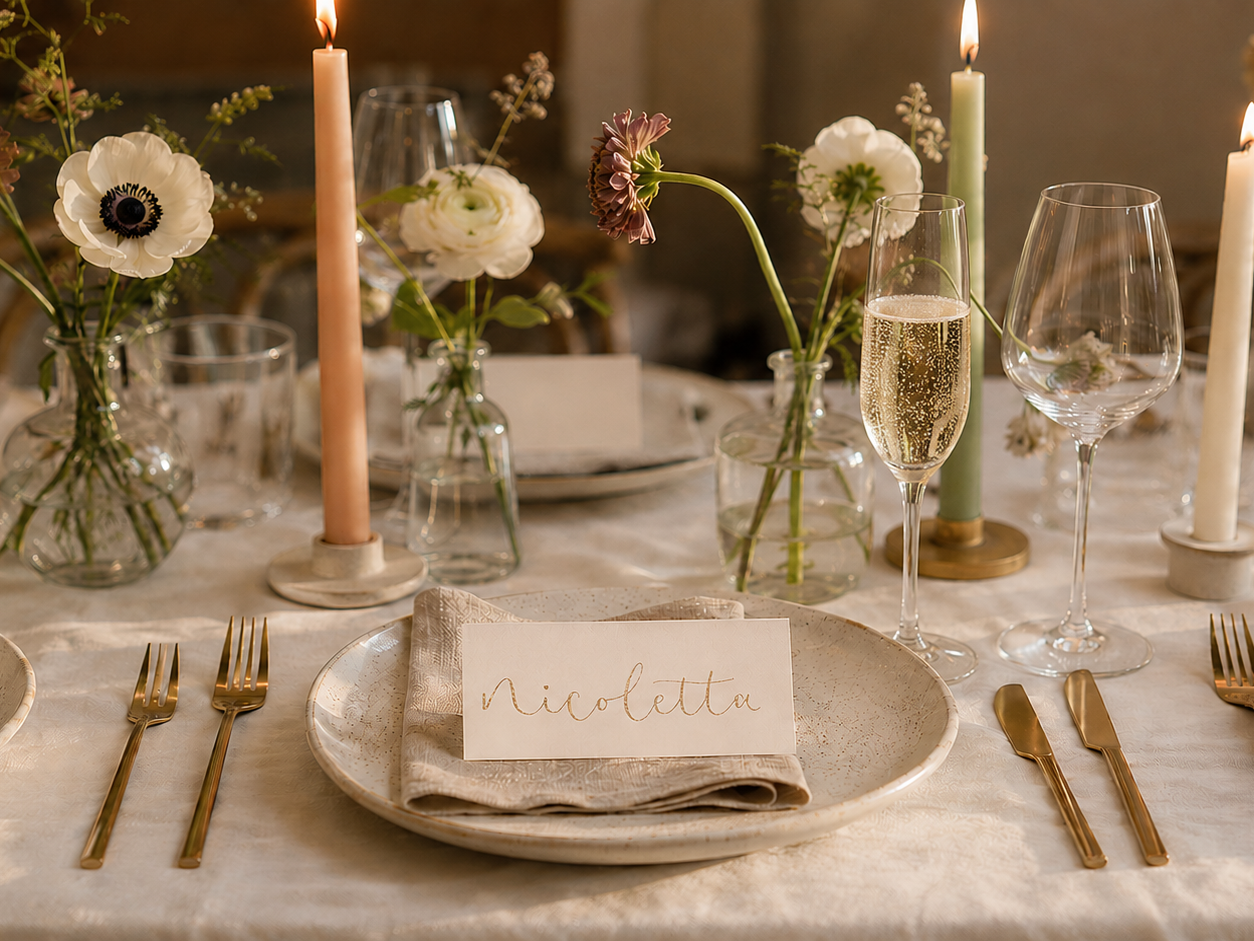 Place setting with lots of wild flowers and taper candles, and an ivory tent place name on top of the napkin and plate that reads 'nicoletta' in gold.