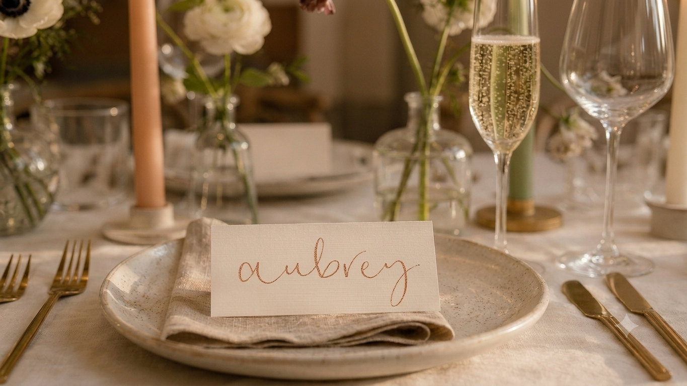 Ivory place card that displays the name 'aubrey' in gold pigment. It is sat on a plate surrounded by a floral wedding tablescape.