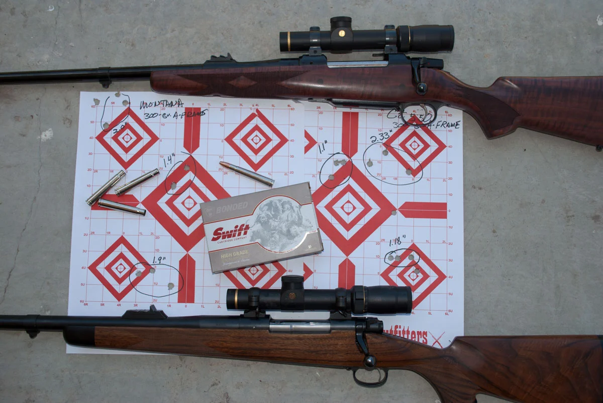 Some of the groups fired with Swift High Grade .375 H&H with 300-grain A-Frame bullets. The overall group average between the two rifles was 1.5 inches, very acceptable for a .375 H&H.
