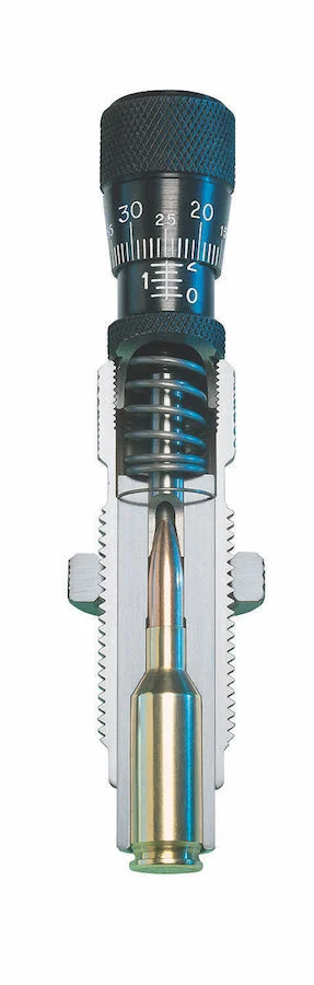 This competition seating die from Redding has a sliding chamber for perfect bullet-to-neck alignment and a micrometer dial to adjust bullet seating depth in .001” increments.