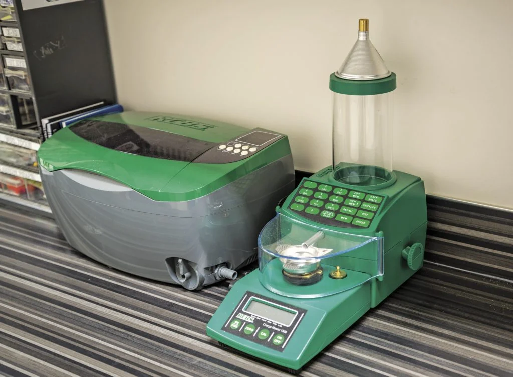 The RCBS ChargeMaster 1500 combo automates the charge-weighing process and maintains +/- 0.1-grain accuracy. At nearly $300, it’s a luxury item, but it greatly simplifies an otherwise tedious task. The RCBS Ultrasonic Case Cleaner is also pictured on the left.