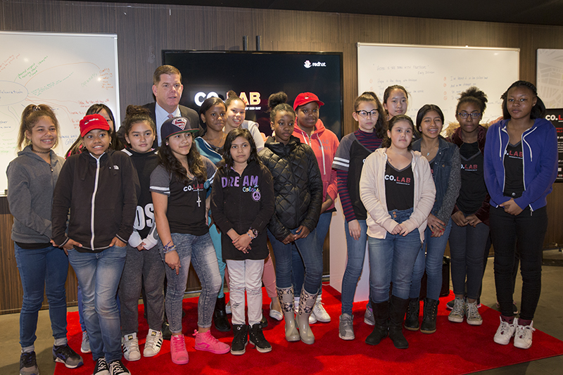 Mayor Walsh commended students for their work and their willingness to participate in this project during their April vacation, and congratulated them on taking a major step towards becoming the next generation of female software engineers, graphic designers, and photojournalists. Addressing the students and members of the media, Mayor Walsh also stressed the importance of project based STEAM learning experiences and made the case for offering more coding opportunities to students in Boston Public Schools.