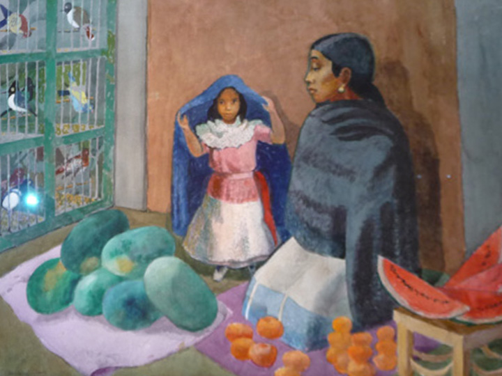 Watermelon Lady, Patzcuaro Signed and dated lower left: Millard Sheets 1988 (Watercolor on paper, 29 x 41 inches)