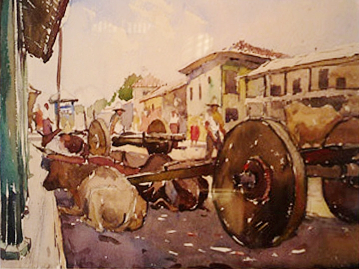 Untitled (Mexican Street with Figures and Carts) Signed lower left: Millard Sheets (Watercolor on paper, 11.75 x 16.75 inches)