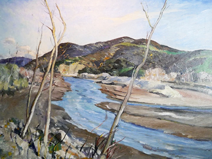 Untitled (Landscape with River) Signed lower left: Millard Sheets Oil on canvas, 32 x 36 inches)