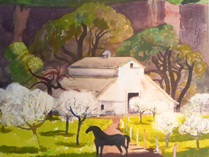 Untitled (Horse and White Barn in a Canyon) Signed and dated lower right: Millard Sheets 1980 (Watercolor and ink on paper, 20.5 x 28.5 inches)