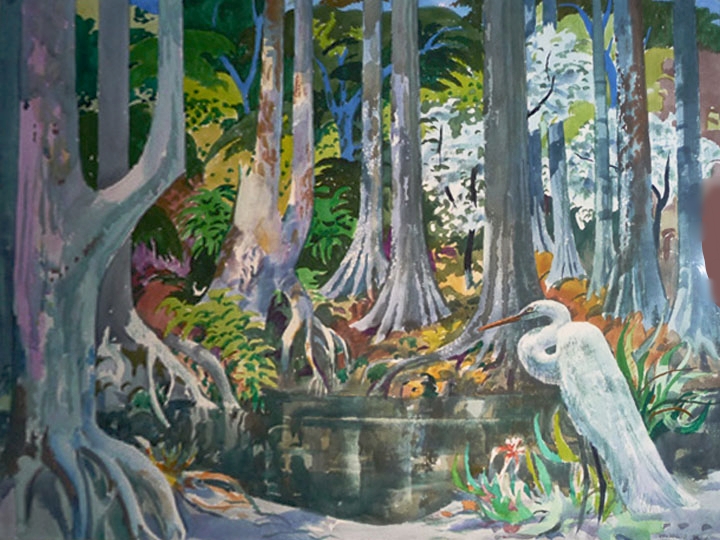 Untitled (Tropical Landscape with Crane) Signed lower right: Millard Sheets (Watercolor on paper, 24 x 30 inches)